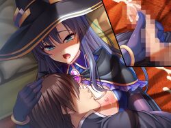 Rule 34 | 1girl, bed, blue eyes, blush, breasts, brooch, censored, cuddling, cum, ejaculation, face to breasts, from above, game cg, gloves, handjob, hat, highres, indoors, jewelry, large breasts, long hair, looking at another, lying, mosaic censoring, multiple views, nipples, no eyes, on bed, open mouth, orgasm, original, penis, pillow, projectile cum, purple hair, saxasa kisuk, witch hat, yandere na majo sanshimai ni shinuhodo aishi tsukusareru isekai seikatsu