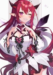 Rule 34 | 1girl, absurdres, blush, breasts, cleavage, crystal wings, detached sleeves, dress, earrings, flower, flower dress, frilled dress, frills, halo, heart, heart hands, highres, hololive, hololive english, irys (irys 2.0) (hololive), irys (hololive), jewelry, large breasts, long hair, madoka (cat madoka), multicolored hair, nail polish, one eye closed, pointy ears, purple eyes, purple hair, purple nails, red flower, red hair, smile, solo, star halo, two-tone hair, virtual youtuber, white dress, white sleeves, wings