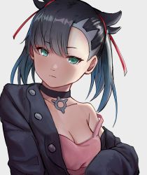 Rule 34 | 1girl, absurdres, asymmetrical hair, bad id, bad twitter id, black choker, black hair, black jacket, breasts, choker, cleavage, closed eyes, collarbone, creatures (company), game freak, green eyes, grey background, hair ribbon, highres, jacket, jewelry, leather, leather jacket, looking at viewer, marnie (pokemon), nanigasi tainen, nintendo, off-shoulder jacket, off shoulder, pendant, pokemon, pokemon swsh, red ribbon, ribbon, simple background, small breasts, solo, strap slip, upper body