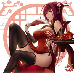 1girl alternate_costume black_panties black_thighhighs breasts chair china_dress chinese_clothes cleavage covered_navel cup dress fate/grand_order fate_(series) fingernails floral_print folding_fan hair_ornament hair_stick hand_fan heart high_heels highres indoors knee_up large_breasts leaning_back long_hair looking_at_viewer nail_polish okitakung panties parted_lips pumps purple_hair red_dress red_eyes red_nails scathach_(fate) shoes side-tie_panties side_slit sitting smile solo string_panties table teapot thighhighs underwear white_background