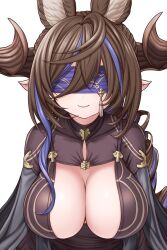 Rule 34 | 1girl, animal ears, asamura hiori, black dress, blindfold, breasts, brown hair, cleavage, cleavage cutout, clothing cutout, dress, extra ears, galleon (granblue fantasy), galleon (life&#039;s compassionate observer) (granblue fantasy), granblue fantasy, highres, horns, large breasts, long hair, long sleeves, multicolored hair, pointy ears, smile, solo, streaked hair, swept bangs