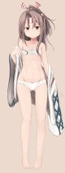 Rule 34 | 1girl, absurdres, bare shoulders, barefoot, blush, bow, bow panties, brown eyes, flat chest, full body, gluteal fold, grey background, groin, hachimaki, headband, high ponytail, highres, japanese clothes, kantai collection, kimono, light brown hair, long hair, looking at viewer, navel, off shoulder, panties, sarashi, simple background, solo, standing, underwear, undressing, white panties, yuki (yukin0128), zuihou (kancolle)