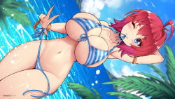 Rule 34 | 1girl, ahoge, arm behind head, armlet, bare shoulders, bikini, blue eyes, blue sky, blush, bracelet, breasts, closed mouth, cloud, collarbone, cowboy shot, day, dutch angle, huge breasts, jewelry, looking at viewer, mouth hold, ocean, one eye closed, original, palm tree, red hair, short hair, side-tie bikini bottom, sky, solo, standing, striped bikini, striped clothes, swimsuit, tree, underboob, untied bikini, virus-g, water, wink