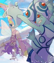 Rule 34 | 2girls, armpits, arms up, bare shoulders, belt, bikini, blue gloves, blue headwear, blue legwear, blue one-piece swimsuit, blue skin, boots, breasts, butterfly hair ornament, butterfly wings, cleavage, clenched teeth, clothing cutout, collarbone, colored skin, commentary request, covered eyes, digimon, digimon (creature), facial mark, fairimon, fighting, fingerless gloves, fins, fish girl, flexible, garter straps, gloves, grey gloves, hair ornament, hairband, handstand, head fins, highres, insect wings, long hair, looking at another, medium breasts, midriff, monster girl, multiple girls, navel, navel cutout, one-piece swimsuit, one arm handstand, open mouth, parted bangs, purple belt, purple bikini, purple footwear, purple hair, purple hairband, ranamon, red eyes, revealing clothes, shoulder pads, side cutout, swimsuit, takeda conomi, teeth, thigh boots, thighhighs, upper teeth only, upside-down, very long hair, visor, water, wide hips, window, wings