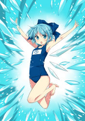 Rule 34 | 1girl, armpits, bad id, bad pixiv id, barefoot, blue eyes, blue hair, bow, circled 9, cirno, feet, flat chest, highres, jumping, manle, matching hair/eyes, one-piece swimsuit, school swimsuit, short hair, solo, swimsuit, touhou, wings
