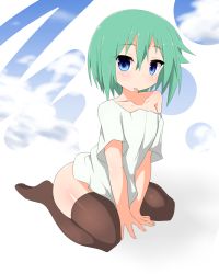 Rule 34 | 00s, 1girl, :p, bare shoulders, blue eyes, blush, brown thighhighs, gradient background, green hair, highres, iwasaki minami, looking at viewer, lucky star, off shoulder, short hair, sitting, solo, thighhighs, tongue, tongue out, wariza, watage (lucky yyg)