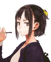 Rule 34 | 1girl, brown hair, eating, food, holding, jun (navigavi), looking at viewer, original, pinky out, pocky, ponytail, pout, short hair, solo