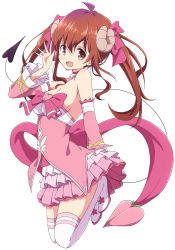 Rule 34 | 1girl, :d, alternate hairstyle, bare shoulders, boots, breasts, chiyoda momo, chiyoda momo (cosplay), choker, cleavage, cosplay, curled horns, demon girl, demon horns, demon tail, detached sleeves, fang, frilled skirt, frills, full body, hair ribbon, hand up, highres, horns, long hair, machikado mazoku, magical girl, medium breasts, mel (melty pot), open mouth, pink ribbon, pink skirt, red eyes, red hair, ribbon, simple background, skin fang, skirt, smile, solo, tail, thigh boots, thighhighs, thighs, twintails, white background, white footwear, white thighhighs, yoshida yuuko (machikado mazoku), zettai ryouiki