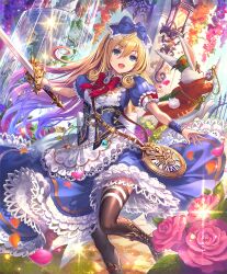 1girl alice_(shadowverse) analog_clock apron black_thighhighs blonde_hair blue_bow blue_dress blue_eyes boots bow breasts clock collared_dress day dress flower fountain frilled_dress frills hair_between_eyes hair_bow high_heel_boots high_heels holding holding_sword holding_weapon long_hair madogawa medium_breasts nature official_art open_mouth outdoors puffy_short_sleeves puffy_sleeves rabbit red_bow shadowverse short_sleeves smile solo sword thighhighs very_long_hair watch weapon white_apron