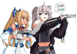 Rule 34 | 2girls, ahoge, animal ears, blonde hair, bow, bowtie, center axis relock stance, dark-skinned female, dark elf, dark skin, elf, fur-trimmed jacket, fur trim, grey eyes, grey hair, gun, handgun, high ponytail, highres, holding, holding gun, holding weapon, hololive, jacket, lion ears, lion girl, looking at another, midriff, multicolored hair, multiple girls, pointy ears, red bow, red bowtie, sate, shiranui flare, shiranui flare (1st costume), shirt, shishiro botan, shishiro botan (1st costume), sparkling eyes, speech bubble, streaked hair, striped clothes, striped shirt, trigger discipline, two-handed handgun grip, vertical-striped clothes, vertical-striped shirt, virtual youtuber, weapon, weapon request, zipper skirt