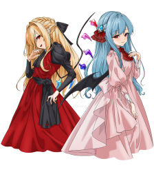 Rule 34 | 2girls, :d, alternate costume, alternate hair length, alternate hairstyle, ascot, bat wings, black ascot, black flower, black ribbon, black rose, black sleeves, blonde hair, blush, braid, brooch, closed mouth, commentary, cropped legs, crystal, dress, fangs, fingernails, flandre scarlet, flower, from side, gotou (nekocat), hair ribbon, hand up, head tilt, highres, jewelry, juliet sleeves, long hair, long sleeves, looking at viewer, looking to the side, multiple girls, nail polish, open mouth, pink dress, pointy ears, puffy sleeves, red ascot, red dress, red eyes, red nails, red ribbon, remilia scarlet, ribbon, rose, siblings, signature, simple background, sisters, sleeve cuffs, smile, tongue, touhou, tsurime, white background, wings