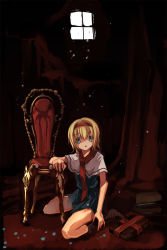 Rule 34 | 1girl, alice margatroid, blonde hair, blue dress, blue eyes, capelet, chair, dress, dust, expressionless, female focus, highres, indoors, kneeling, looking at viewer, necktie, on floor, red necktie, shaded face, shimadoriru, sitting, solo, touhou, window