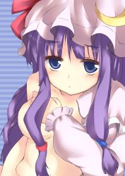 Rule 34 | 1girl, :&lt;, bad id, bad pixiv id, blue eyes, breasts, covering privates, covering breasts, crescent, crescent moon, female focus, from above, haruyuki (yukichasoba), hat, long hair, moon, nude, patchouli knowledge, purple hair, solo, touhou, upper body