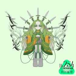 Rule 34 | 1girl, absurdres, album cover, asanagi obi, belt pouch, boots, closed mouth, cover, cropped shirt, denonbu, full body, glasses, green eyes, green hair, green shirt, green shorts, green skirt, grey footwear, hair ribbon, highres, knee boots, knife, long hair, long sleeves, looking at viewer, mepuizumi, official art, pouch, ribbon, round eyewear, second-party source, shirt, shorts, skirt, solo, standing, very long hair, wide sleeves