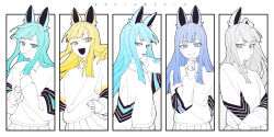 Rule 34 | 2boys, 3girls, :d, absurdres, all i can see is you (vocaloid), androgynous, animal ears, aqua eyes, aqua hair, blonde hair, blue eyes, blue hair, closed mouth, commentary request, hand up, highres, long hair, long sleeves, looking at viewer, multiple boys, multiple girls, odd (miyoru), open mouth, personality i, personality ii, personality iii, personality iv, personality v, pleated skirt, skirt, sleeves past wrists, smile, sweatdrop, translation request, upper body, vocaloid, white hair, yellow eyes