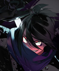Rule 34 | 1boy, black gloves, black hair, gloves, green eyes, grin, hair between eyes, holding, holding sword, holding weapon, katana, male focus, mik3d, one-punch man, onsoku no sonic, parted lips, portrait, purple scarf, scarf, sheath, smile, solo, sword, unsheathing, upper body, weapon