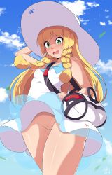 Rule 34 | 1girl, arm up, bag, blue sky, braid, breasts, cleft of venus, cloud, creatures (company), day, dress, embarrassed, exlic, game freak, green eyes, hat, highres, lillie (pokemon), long hair, nintendo, no panties, open mouth, pokemon, pokemon sm, pussy, skirt, sky, sleeveless, sleeveless dress, small breasts, thighs, twin braids, uncensored, underwear, upskirt, wavy mouth, white dress, wind, wind lift