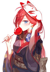 Rule 34 | 1girl, black kimono, blue eyes, blush, breasts, candy apple, commentary request, covered mouth, earrings, food, fox mask, go-toubun no hanayome, hair over one eye, hand in own hair, hands up, headphones, headphones around neck, highres, holding, holding food, japanese clothes, jewelry, kimono, long hair, long sleeves, mask, medium breasts, nakano miku, obi, qys3, red hair, sash, simple background, solo, very long hair, white background, wide sleeves