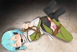 Rule 34 | 1girl, arms behind back, ass, ball gag, bdsm, blue hair, blush, bondage, boots, bound, chaps, gag, gagged, jacket, lying, rope, scarf, sex toy, short hair, shorts, sinon, solo, sword art online, trembling, vibrator