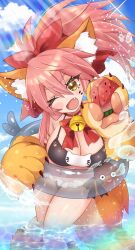 Rule 34 | 1girl, absurdres, animal ear fluff, animal ears, animal hands, bell, bikini, black bikini, blue sky, blush, blush stickers, bow, breasts, cat paws, cleavage, cloud, cloudy sky, collar, ema skye, fang, fate/grand order, fate (series), food, fox ears, fox girl, fox tail, fruit, gloves, highres, jingle bell, katachi yumiyuri, large breasts, long hair, looking at viewer, neck bell, one eye closed, open mouth, outdoors, partially submerged, paw gloves, paw shoes, pink hair, ponytail, red bow, red ribbon, ribbon, sky, solo, swimsuit, tail, tamamo (fate), tamamo cat (fate), water, watermelon, yellow eyes