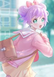 Rule 34 | 1girl, :d, ahoge, bag, blurry, blurry background, bow, brown bag, cardigan, cover, cowboy shot, double bun, dress, green eyes, hair bow, hair bun, hand up, holding strap, long sleeves, looking at viewer, looking back, manaka laala, manaka laala (young), nanceee 305, open mouth, outdoors, paprika private academy school uniform, pink bow, pink cardigan, pretty series, pripara, purple hair, sailor collar, school bag, school uniform, short dress, short hair, smile, solo, standing, white sailor collar, yellow dress