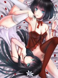 Rule 34 | 2girls, artist request, babydoll, bed, black hair, blue eyes, check commentary, commentary, commentary request, dress, flower, hair flower, hair ornament, lingerie, melanie malachite, miltiades malachite, multiple girls, red dress, rwby, siblings, single thighhigh, sisters, thighhighs, twins, underwear, white dress