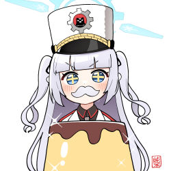 Rule 34 | 1girl, blue archive, blue eyes, blunt bangs, cherino (blue archive), commentary request, fake facial hair, fake mustache, food, halo, hat, highres, jacket, junsuina fujunbutsu, light blush, long hair, pudding, shako cap, signature, silver hair, simple background, solo, two side up, upper body, white background, white hat, white jacket