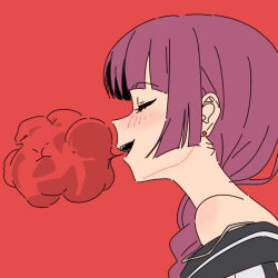 Rule 34 | 1girl, blunt bangs, blush, bocchi the rock!, braid, closed eyes, commentary request, doublep0ints, earrings, highres, hiroi kikuri, jewelry, long hair, open mouth, purple hair, red background, sharp teeth, simple background, smoke, solo, teeth