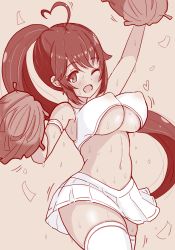 Rule 34 | 1girl, ;d, ahoge, alternate hairstyle, ankuru (ankle art2), arm strap, arm up, assault lily, bare shoulders, blouse, blush, breasts, brown background, cheerleader, cleavage, commentary request, covered erect nipples, cowboy shot, crop top, hand up, heart, heart ahoge, holding, holding pom poms, large breasts, long hair, looking at viewer, microskirt, midriff, monochrome, motion lines, navel, one eye closed, open mouth, outstretched arm, pleated skirt, pom pom (cheerleading), pom poms, ponytail, shirt, simple background, skirt, sleeveless, sleeveless shirt, smile, solo, stomach, sweat, takasuga tsukushi, thighhighs, underboob, very long hair