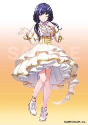 Rule 34 | 1girl, ascot, black hair, boots, cropped jacket, cross-laced footwear, full body, gold trim, grey eyes, jacket, lace-up boots, long hair, low twintails, nijisanji, official art, one eye closed, ponto nei, purple hair, sample watermark, shinishi chiho, smile, solo, twintails, virtual youtuber, watermark, white ascot, white footwear, yellow corset, yellow jacket