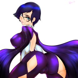 Rule 34 | 1girl, arched back, ass, back, back cutout, bayonetta, bayonetta (series), bayonetta 2, blue hair, bodysuit, breasts, cameltoe, clothing cutout, covered erect nipples, elbow gloves, female focus, glasses, gloves, highres, large breasts, lipstick, looking at viewer, looking back, makeup, mole, short hair, simple background, smile, solo, superboin, white background