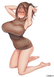 Rule 34 | 1girl, adjusting hair, amane ruri, armpits, arms up, bare legs, blush, breasts, brown hair, highres, impossible clothes, kneeling, large breasts, long hair, looking at viewer, meme attire, nearly naked sweater, original, panties, ponytail, ribbed sweater, sidelocks, simple background, smile, solo, sweater, underwear, virgin killer sweater, white background, white panties