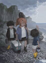 Rule 34 | 3boys, ^ ^, back, black footwear, black hair, boots, brown hair, bucket, child, closed eyes, curly hair, dark-skinned male, dark skin, from side, grey sky, hand up, happy, highres, holding, holding bucket, instrument case, lake, looking at another, multiple boys, namoku (namottttt), open mouth, original, painterly, pointing, pointing up, ponytail, rock, rubber boots, scenery, short hair, shorts, sidelocks, sky, sweatdrop, thunder, water, white eyes, white shorts, worried, yellow footwear