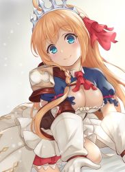 Rule 34 | 1girl, absurdres, ahoge, armor, blonde hair, blue eyes, blush, braid, breasts, cleavage, dress, gloves, gradient background, highres, long hair, looking at viewer, medium breasts, orange hair, pauldrons, pecorine (princess connect!), princess connect!, ribbon, short sleeves, shoulder armor, simple background, solo, split mouth, tiara, white background, yuririn poi