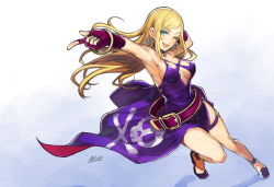 Rule 34 | 1girl, arm up, armpits, artist name, belt, blonde hair, blue eyes, breasts, cleavage, cleavage cutout, clothing cutout, dress, earrings, fatal fury, fingerless gloves, garou: mark of the wolves, gloves, gold bracelet, high heels, jenet behrn, jewelry, jolly roger, kujou non, long hair, looking at viewer, one eye closed, purple dress, smile, snk, the king of fighters, the king of fighters xv, thigh strap, wink