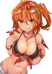 Rule 34 | 1girl, :q, ahoge, bare shoulders, bead bracelet, beads, belt, bikini, bikini top only, bikini under clothes, black bikini, blush, bracelet, breasts, buckle, cleavage, closed mouth, collarbone, collared shirt, crop top, eyewear on head, fate/grand order, fate (series), floral print, front-tie top, fujimaru ritsuka (female), fujimaru ritsuka (female) (tropical summer), gem, green gemstone, groin, hair between eyes, hair ornament, hair scrunchie, halterneck, hawaiian shirt, highres, jewelry, large breasts, leaf print, leaning to the side, light smile, lips, looking at viewer, medium hair, navel, necklace, off shoulder, official alternate costume, one side up, open clothes, open shirt, orange hair, orange scrunchie, print shirt, scrunchie, shirt, shorts, shuutou haruka, simple background, smile, solo, standing, stomach, straight hair, string bikini, sunglasses, swimsuit, tied shirt, tongue, tongue out, tropical summer (fate), undressing, upper body, white-framed eyewear, white background, white belt, white shorts, wing collar, yellow eyes