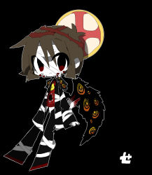 Rule 34 | :3, androgynous, bandaged head, bandages, black background, black wings, blood, brown hair, closed mouth, commentary, crown of thorns, e.g.o (project moon), employee (project moon), extra eyes, full body, lobotomy corporation, project moon, red eyes, short hair, simple background, single wing, solo, suzua0421, wings