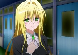 Rule 34 | 1girl, blonde hair, blush, breasts, business suit, closed mouth, female focus, formal, glasses, green eyes, long hair, long sleeves, looking at viewer, smile, solo, standing, suit, teacher, tearju lunatique, to love-ru, to love-ru darkness