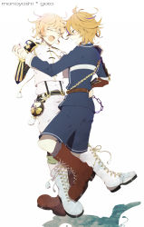 Rule 34 | 10s, 2boys, ^ ^, armor, blonde hair, boots, brown eyes, brown hair, character name, cross-laced footwear, dancing, closed eyes, gotou toushirou, hand on another&#039;s hip, highres, japanese armor, lace-up boots, male focus, monoyoshi sadamune, multicolored hair, multiple boys, open mouth, shorts, shoulder armor, smile, sode, sofuto, streaked hair, suspenders, touken ranbu