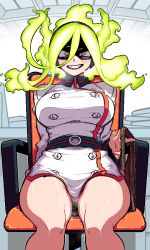Rule 34 | 1girl, black mask, blush, boku no hero academia, breasts, burnin (boku no hero academia), buttons, chair, domino mask, eye mask, eyebrows visible through mask, fiery hair, floating hair, green hair, grin, holding, kingbawoon, korean commentary, large breasts, long hair, long sleeves, looking at viewer, mask, sitting, smile, solo, sweat
