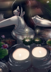 Rule 34 | 1girl, anus, ass, backboob, bad id, bad pixiv id, black hair, blush, bottomless, bracelet, breasts, candle, detached collar, earrings, flower, jewelry, large breasts, lily pad, long hair, lotus, open mouth, original, partially submerged, penis, red eyes, ripples, sex, shirt, sleeveless, sleeveless shirt, solo, solo focus, uncensored, vaginal, water, xter