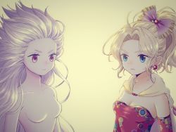 Rule 34 | 2girls, bare shoulders, blonde hair, blue eyes, breasts, cape, cleavage, closed mouth, collarbone, colored skin, detached sleeves, dual persona, earrings, final fantasy, final fantasy vi, floral print, frown, hair intakes, hair ornament, ichi (pixiv6373491), jewelry, long hair, medium breasts, multiple girls, no nipples, nude, ponytail, purple eyes, purple hair, purple skin, rose print, strapless, tina branford, trance terra branford, upper body, v-shaped eyebrows, very long hair, white cape