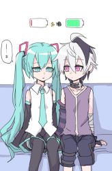 Rule 34 | 2girls, android, aqua eyes, aqua hair, aqua necktie, arm warmers, bandaged arm, bandages, bare shoulders, battery indicator, belt collar, black skirt, black sleeves, black thighhighs, collar, commentary, couch, detached sleeves, dot mouth, feet out of frame, fingerless gloves, flower (vocaloid), flower (vocaloid4), gloves, hair ornament, half-closed eyes, hatsune miku, hatsune miku (vocaloid4), highres, lightning bolt symbol, long hair, looking at another, miniskirt, miri (miri 1m), multicolored hair, multiple girls, necktie, parted lips, pleated skirt, purple gloves, purple hair, purple shirt, purple shorts, shirt, short hair, shorts, single arm warmer, sitting, skirt, sleeveless, sleeveless shirt, speech bubble, streaked hair, striped arm warmers, thighhighs, translated, twintails, v4x, very long hair, vocaloid, waking up, white hair, white shirt, zettai ryouiki