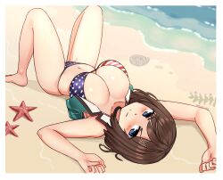 Rule 34 | 1girl, absurdres, american flag bikini, american flag print, barefoot, beach, bikini, blue eyes, blush, breasts, brown hair, character request, cleavage, collarbone, feet, flag print, green jacket, hair ornament, highres, jacket, kantai collection, large breasts, legs, looking at viewer, lying, maya (kancolle), navel, ocean, open clothes, open jacket, print bikini, sand, short hair, sleeveless, sleeveless jacket, smile, solo, star (symbol), star print, starfish, striped bikini, striped clothes, swimsuit, thighs, water, x hair ornament