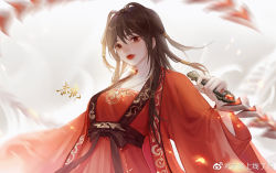 Rule 34 | 1girl, bead necklace, beads, breasts, chi lian (qin shi ming yue), chi lian shangxian liao ma, chinese clothes, closed mouth, dress, expressionless, falling petals, from below, glowing, glowing petals, hair ornament, highres, holding, holding whip, jacket, jewelry, long sleeves, medium breasts, medium hair, necklace, petals, qinshi mingyue, red dress, red jacket, solo, upper body, white background
