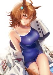 Rule 34 | 1girl, agnes tachyon (umamusume), alternate costume, animal ears, backlighting, bare shoulders, blue one-piece swimsuit, blush, breasts, cleavage, collarbone, commentary request, cowboy shot, crossed legs, from above, hair between eyes, head tilt, highres, horse ears, horse girl, jacket, large breasts, medium hair, mikazuki mika, off-shoulder jacket, off shoulder, one-piece swimsuit, open mouth, school swimsuit, shiny clothes, shiny skin, simple background, sleeveless, solo, swimsuit, thighhighs, umamusume, white background, white jacket