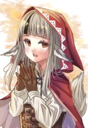 Rule 34 | 1girl, :d, animal ears, black hair, black ribbon, brown corset, brown gloves, cape, corset, fire emblem, fire emblem fates, fuussu (21-kazin), gloves, grey hair, grey tail, hands up, hood, hood up, hooded cape, light blush, long hair, long sleeves, multicolored hair, neck ribbon, nintendo, open mouth, orange eyes, ribbon, smile, solo, steepled fingers, streaked hair, tail, tail raised, teeth, two-tone hair, upper teeth only, velouria (fire emblem), wolf ears, wolf girl, wolf tail