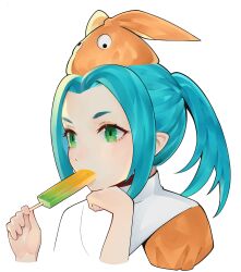 Rule 34 | 1girl, absurdres, blue hair, close-up, commentary, cropped arms, cropped torso, disembodied limb, dress, eating, english commentary, expressionless, eyelashes, food, googly eyes, green eyes, highres, holding, holding food, holding popsicle, looking ahead, monogatari (series), ononoki yotsugi, orange dress, orange headwear, parted hair, partially colored, piancaesar, pointy ears, popsicle, portrait, sidelocks, simple background, thick eyebrows, white background