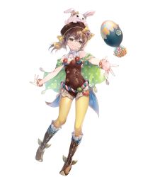 Rule 34 | 1girl, bare shoulders, beret, boots, bow, brown eyes, brown footwear, brown hair, brown hat, brown leotard, capelet, delthea (fire emblem), fire emblem, fire emblem echoes: shadows of valentia, fire emblem gaiden, fire emblem heroes, full body, green capelet, hair between eyes, hat, hat bow, highres, leotard, miwabe sakura, nintendo, non-web source, official art, pantyhose, short hair, smile, solo, transparent background, yellow bow, yellow pantyhose