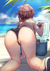 Rule 34 | 1girl, all fours, anchor symbol, arm support, ass, bare arms, bare legs, bare shoulders, beach, bikini, bikini under clothes, braid, breasts, brown hair, can, commentary, cooler, day, drink can, from behind, hachimaki, hair ornament, halterneck, headband, highres, holding, holding can, kantai collection, long hair, micro shorts, ocean, outdoors, palm tree, partially visible vulva, propeller hair ornament, rampage 2nd, sand, short shorts, shorts, sky, soda can, solo, string bikini, summer, sweat, swimsuit, swimsuit under clothes, teruzuki (kancolle), thighs, tree, twin braids, twintails, upshorts, water, wet